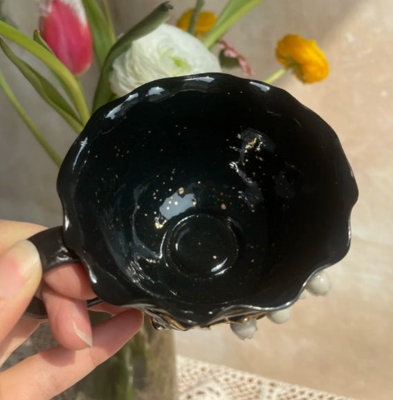 Handmade ceramic black gold lily of the valley tea cup